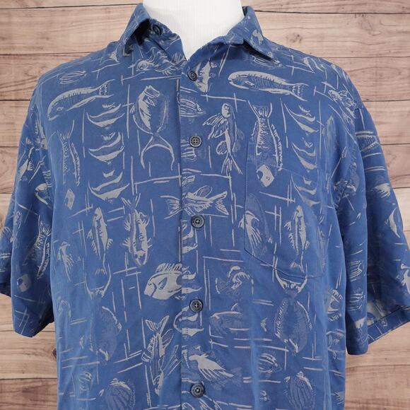 Kahala Hawaiian Shirt Mens XL Blue Fish Print Button Up Aloha Rayon Blend Beach - Picture 1 of 10